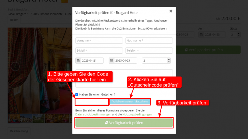 Wie Sie den Gutscheincode Ihrer Geschenkkarte in eine Verfügbarkeitsanfrage auf Ecobnb einfügen