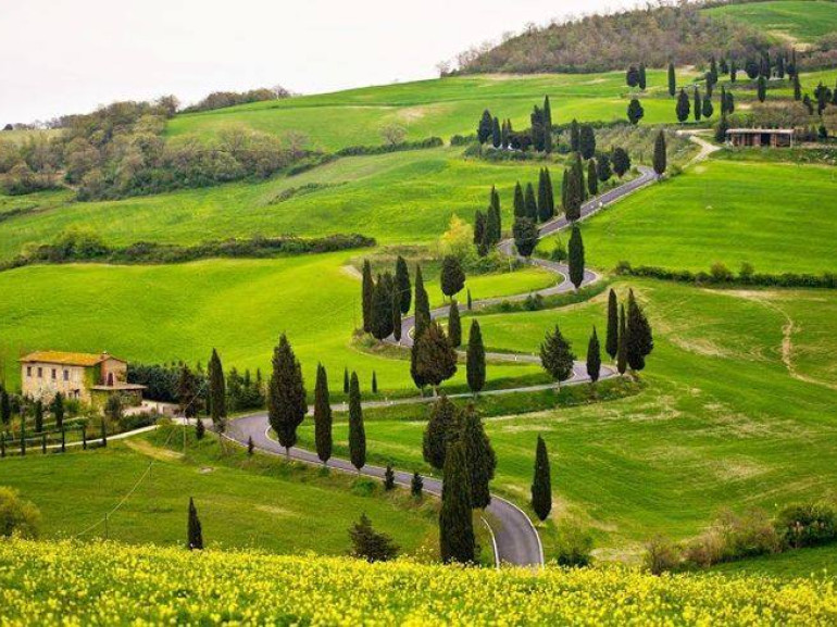 Sanfte Hügel mit den Zypressen und den antiken landwirtschaftlichen Betrieben, viele von denen  haben biologischen Anbau und auch die 
Gastfreundschaft ist umweltfreundlich, Toskana Italien.